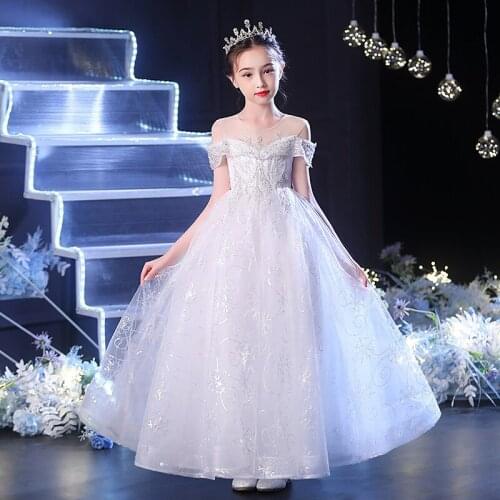 Sequin Lace Girls Wedding Formal Dresses White Children Flower Girl Party Evening Birthday Dress Kids Prom First Communion Gown