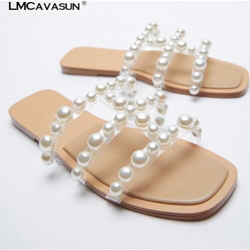 LMCAVASUN 2021 Summer New Pearl String Bead Slippers Womens Flat Sandals Beach Shoes Casual Slippers Female Womens pearl Shoes