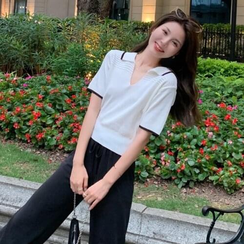 Fashion Striped Polo Collar Women Y2K V Knitted Sweater T-shirts Summer Short Sleeve Female Tees Ladies Knitting Tops Girls 2021