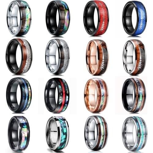 Fashion 8mm Mens Black Tungsten Carbide Rings Hawaiian Koa Wood And Rainbow Abalone Shell Opal Inlay Ring Mens Wedding Band