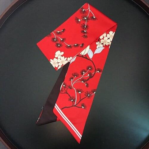New Design 160cm*13cm Long Small Woman Twill Silk Scarf Albizia Floral Print Scarf Women Head Handkerchief Luxury Brand Tie