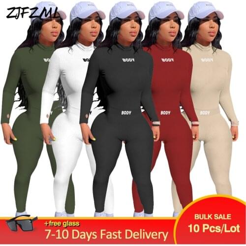 Wholesale Bulk Items Lots Womens Set BODY Letter Embroidery Full Sleeve High Necked Basic Top and Good Stretchy Legging Suits