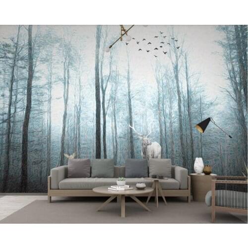Custom wallpaper Nordic original hand-painted forest elk birds modern minimalist TV background wall-waterproof material