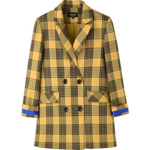 Fashion Plaid Blazers women spring NEW High quality retro casual Double-breasted loose Plaid suit women jacket Female coat women