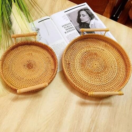 Handwoven Rattan Storage Tray With Handle Round Wicker Basket Bread Food Plate