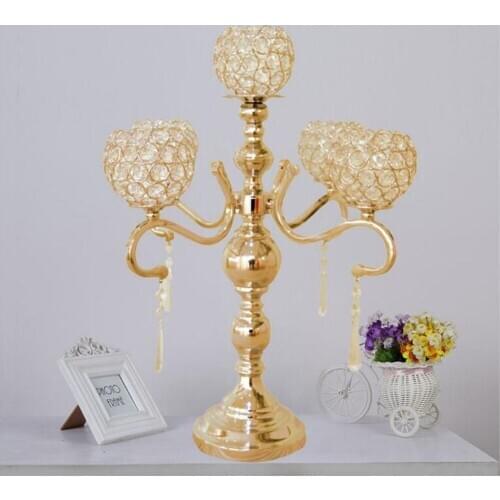55cm Tall 5-arms metal Gold or Silver candelabras with crystal pendants wedding candle holder Event centerpiece wedding decor