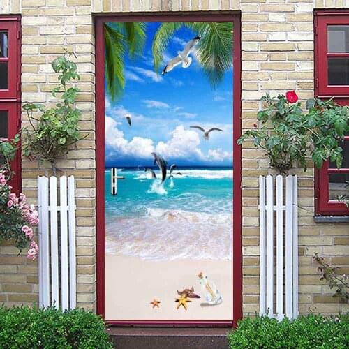 PVC Self-adhesive Door Sticker Summer Seaside Landscape 3D Photo Wallpaper Mural Living Room Bedroom Door Decoration Stickers