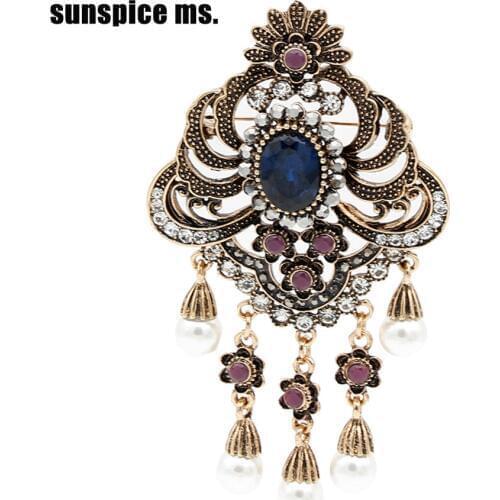 SUNSPICE MS Vintage Brooch Pin for Women Turkish Ethnic Banquet Caftan Jewelry Antique Gold Color Imitation Pearl Broches Brooch