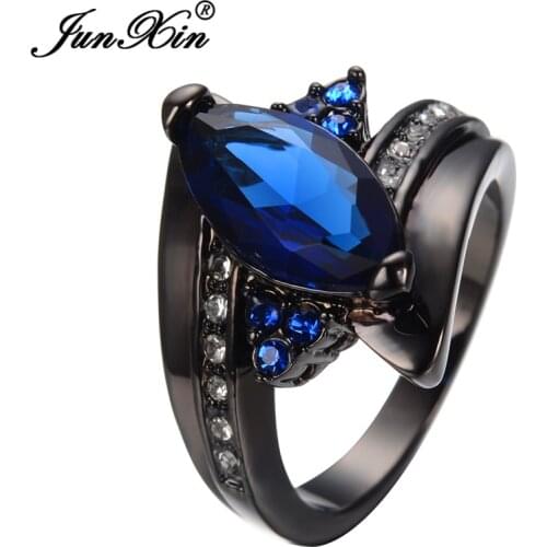 JUNXIN Blue Black Gold Filled CZ With White Crystal Jewelry Rings For Women and Men Friendship Wedding Party Gift