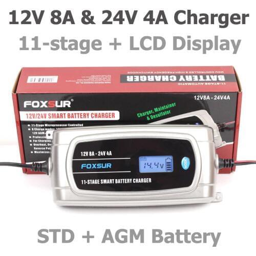 FOXSUR 12V 24V Waterproof Truck Car Battery Charger, EFB GEL WET AGM Battery Charger with LCD Display, Battery Type Selectable