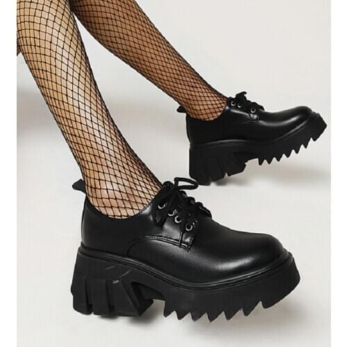 ZawsThia Patent PU Leather Round Toe Solid Black Color Lace-Up Chunky High Heels Platform Gothic Punk Womans Shoes Pumps Women