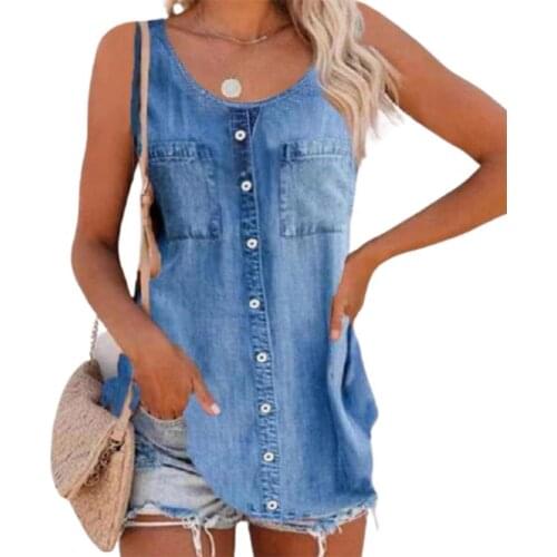 Round Neck Women Vest Solid Color Denim Sleeveless Pockets Thin Denim Blouse Streetwear tops for women fashion Summer