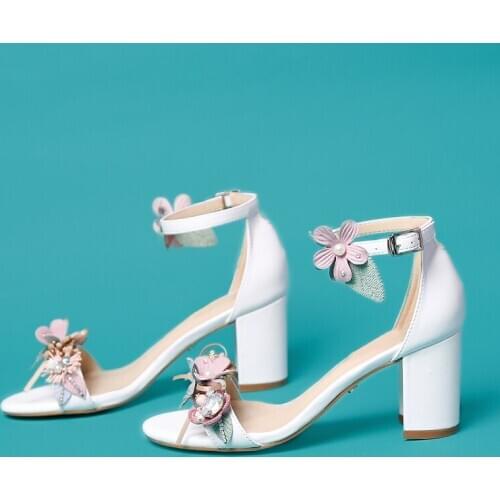 Women Sandals Flowers Wedding Shoes Crystal Sandals Pumps 7cm Block High Heels Bride Shoes Ladies Ankle Strap Bags Plus Size 43