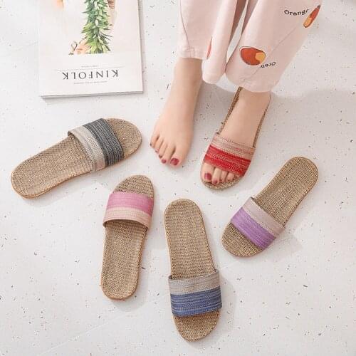 Women Fashion Non Slip Thick Bottom Slippers Female Couple Colorful Woven Linen Flip Flops Colorful Woven Linen Slippers