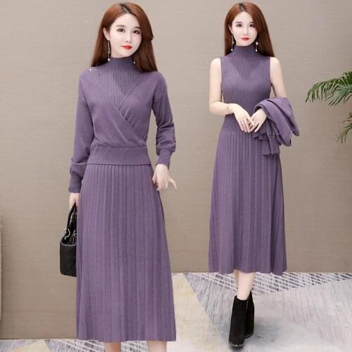 2021 Spring Woman Vintage Knitted Two Piece Set Autumn Female Long Dresses and Coats Set Ladies Solid Color 2 Piece Suits Q156