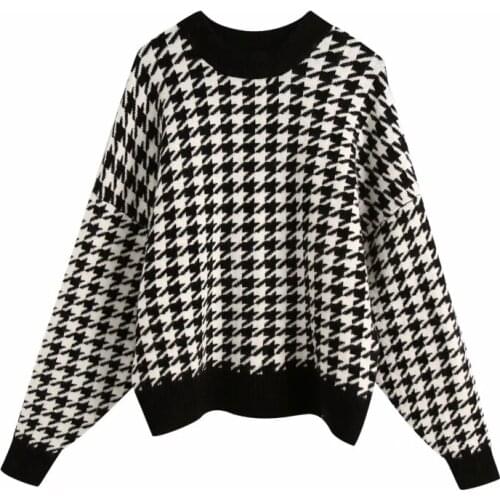 Women Houndstooth Knitting Loose Sweater Casual Femme O-Neck Long Sleeve Pullover High Street Lady Tops