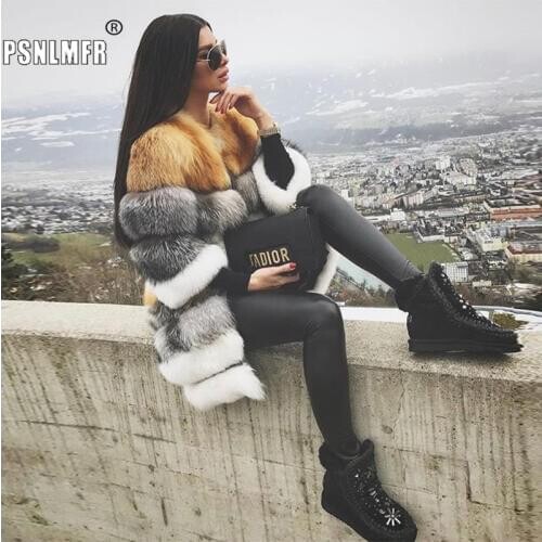 Womens Three Quarter Real Fur Coat Genuine Fox Fur Warm Outwear Plus Size Winter Jacket for Women Fashionable Leisure Time Coat