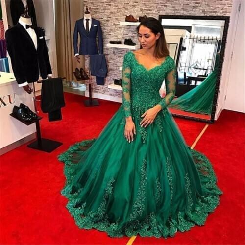 Formal Emerald Green Evening dress 2019 Long Sleeve Lace Applique Beads Plus Size Prom Gowns robe de soiree Evening dresses