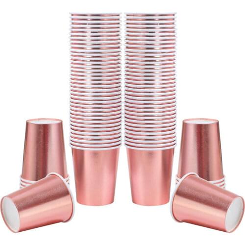 100 Packs of 9oz Disposable Cup Rose Gold Foil Paper Cup Party Wedding Birthday Drinking Cup Party Tableware Supplies