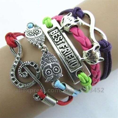200pcs/lot Music Best Friend Charm Bracelet Braided Wholesales Bracelets Owl & 8 Women Bracelet Leather Bracelets Sets