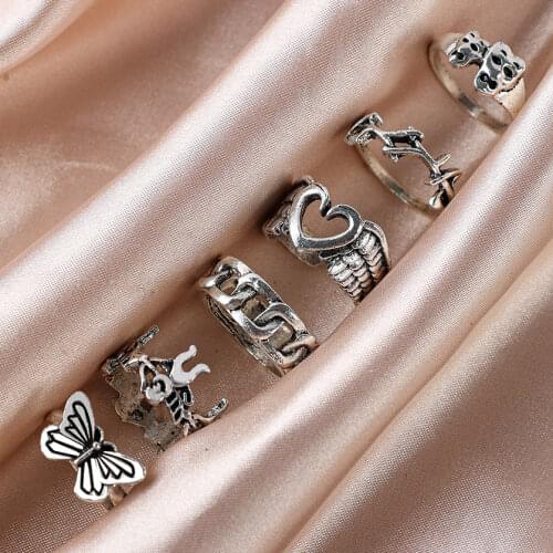 6pcs Vintage Love Butterfly Hollow Rings Set Tibetan Silver Chain Ring Combination Weekly Date Jewelry Women Rings Adjustable