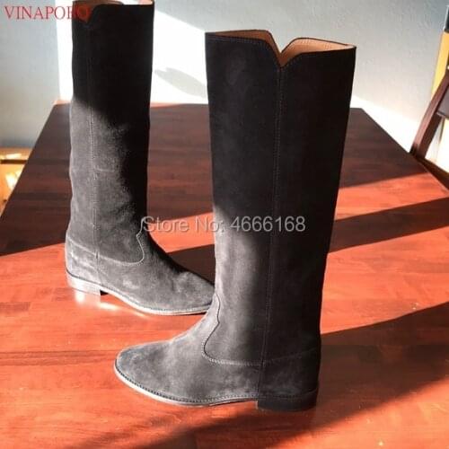 European Designer Winter wedge Womens Boots Distressed Leather Straight Long Boots Height Increasing heel Flat Knee High Boots