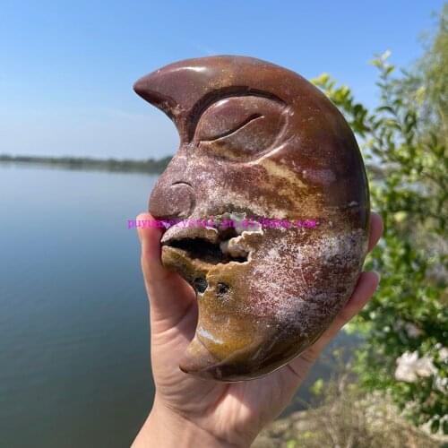 15 CM Height Natural Crystal Moon Figurine Hand Carved Stone Ocean Jasper Moon Decor Geode Crystal Aesthetic Room Decor Gift