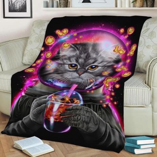 Astronaut Cat Bubble Tea Flannel Throw Blanket 3D Printed Keep Warm Sofa Child Blanket Home Decor Textiles Dream Family Gift
