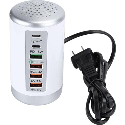 Fast Charger Hub 6 Ports USB Type‑C QC3.0 PD 18W Charging Station For Phone Tablet Computer 65W US Plug 100‑240V (Black/White)