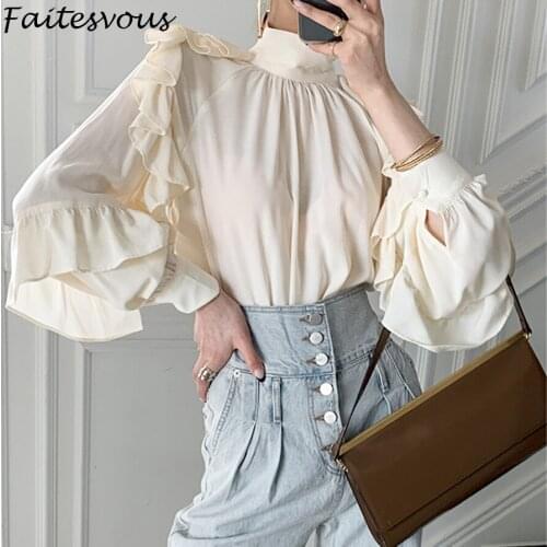 Korea Fashion Chic Blouse Women French Stand-up Collar Black Shirts Office Ladies Ruffled Long Sleeve Tops Female