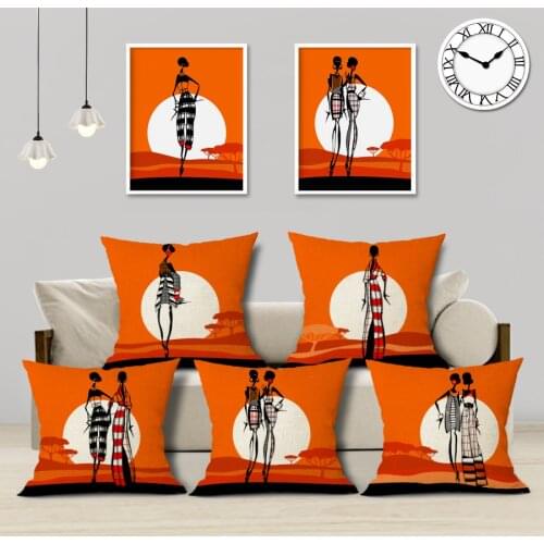 Fashion African Girl Cushion Cover Orange Color African Style Black Women Home Art Decoration Sofa Pillowcase Linen Pillow Cover