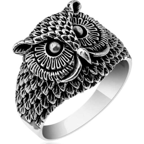 Solid 925 Sterling Silver 3D Owl Figure Mens Ring