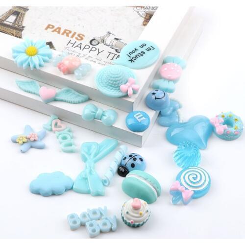 The New Blue Mixed 30PC Resin Flower Flat Heart Sweet Cake DIY Scrapbook, Hairpin Home Decoration Resin Small Ornaments
