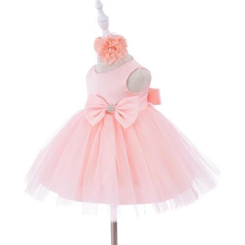 Baby Girls Clothes Toddler Satin Bodice Tulle Wedding Party Dress with Bow Newborn Girls Baptism Dress