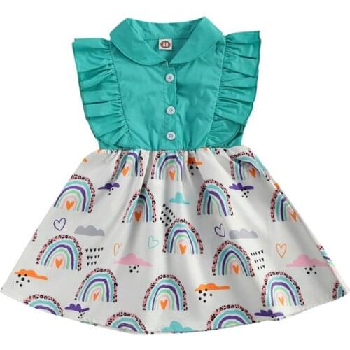 Pudcoco 6M-5Y Dress Ruffles Sleeveless Baby Girls Summer Button A-Line Rainbow Print Lapel Sundress Outfit Clothes