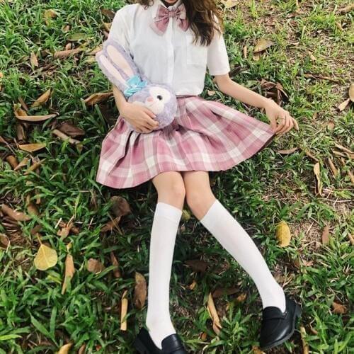 2020 Summer New Korean Version of Sweet JK Uniforms Bow Shirt + Plaid Pleated Skirt Suit Female school girl uniform