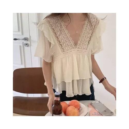 Summer Gentle French Sweetheart Girl Lace Hollow Stitching Deep V Cover Meat Lotus Leaf Short-sleeved Shirt