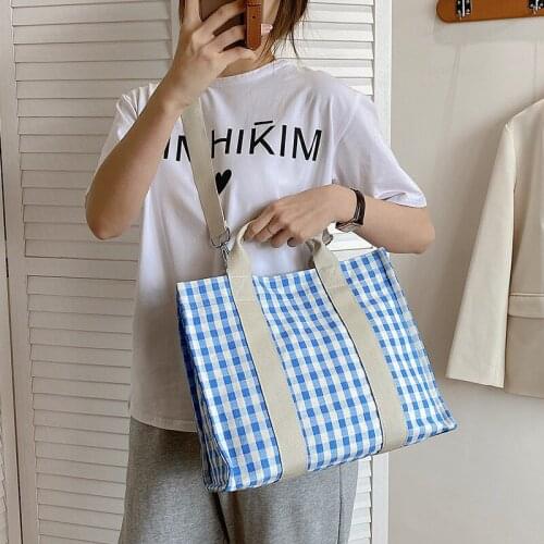 Japan Style Plaid Bag Square Shape Canvas Shoulder Bag Large Capacity Women Casual Handbag Korean Portable Mommy Handbags Black