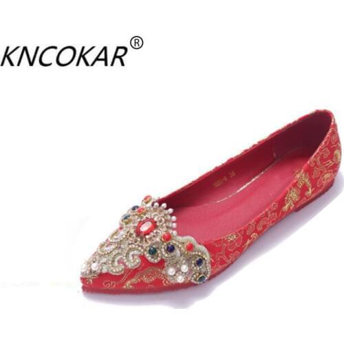 Rhinestone pointed toe flat wedding shoes bridal wedding red shoes flat heel Large shallow mouth red womens shoes cheongsam