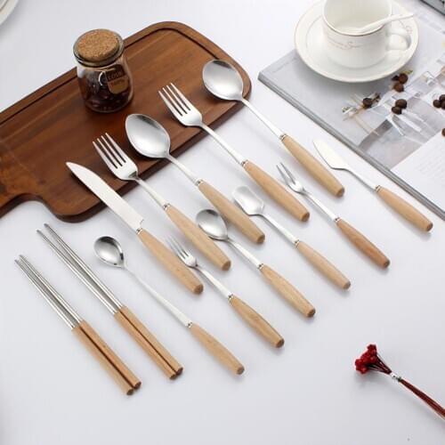 Japanese Seasoning Spoon Wooden Gift Tableware Wooden Handle Stainless Steel Tableware Fruit Fork Spoon Steak Knife