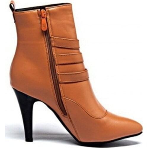 Lady Big Size(4-12)velvet Zip Buckle Women Boots Pointed Toe Mid- Calf Autumn Winter Thin High Heel Shoes Brown/red/black Bootie