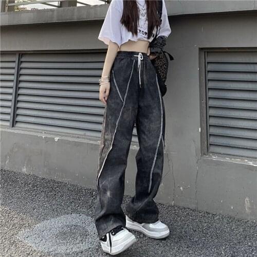 Womens Jeans Retro Elastic Waist Wide Leg Pants Harajuku Tie Dye Trend Straight Relaxation Denim Pants 2021 New Y2K Streetwear