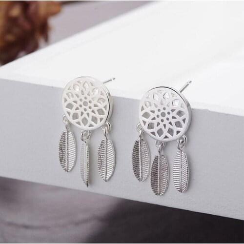 ANENJERY 925 Sterling Silver Earrings Dream Catcher Fashion Feather Tassel Earrings For Women oorbellen brincos S-E387