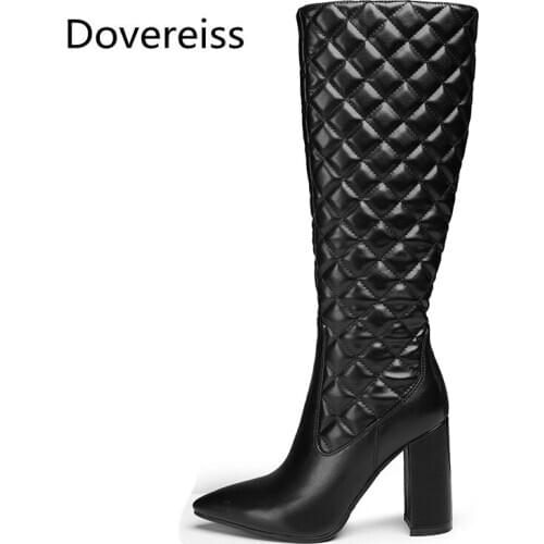 Dovereiss Fashion Womens Shoes Winter new white Pointed Toe Sexy Elegant Chunky heels Knee high boots Concise Mature 34-42