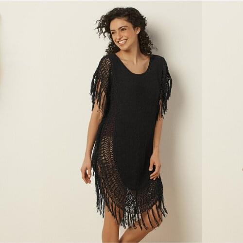 2021 Black Crochet Tunic Sexy Hollow Out Dress O-neck Sleeveless Fringed Women Summer Mini Dress Beachwear Wrap Dresses N1317