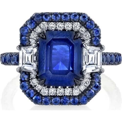 Womens Elegant Silver Plated Wedding Ring Princess Cut Blue Zircon Engagement Ring Bridal Jewelry for Women Lady Lovers Gifts