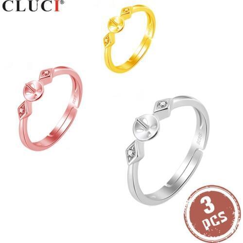 CLUCI 3pcs Silver 925 Zircon Women Rings Jewelry Simple Pearl Ring Mounting 925 Sterling Silver Adjustable Open Rings SR2146SB