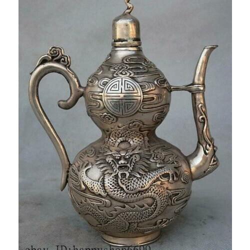 8"China Dynasty Silver Dragon Beast Auspicious Clouds Gourd Teapot Pot Tea Maker