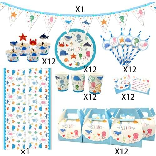 86Pcs for 12kids Sea Life Marine Animals theme birthday party supplies tableware set, plate+straw+glass+candybox+invitations ect