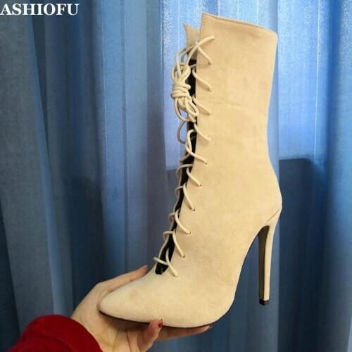ASHIOFU New Handmade Ladies High Heel Boots Cross-shoelace Pointy Autumn Booties Daily Wear Casual Fashion Short Boots Shoes